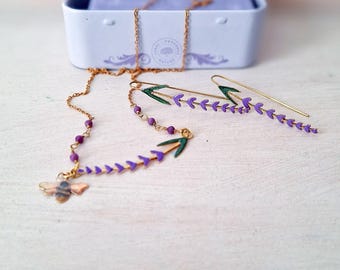 Handmade lavender jewelry, lavender and bee necklace and lavender earrings, natural brass jewelry set for women, gift idea