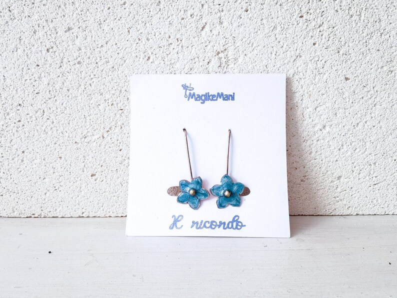 forget-me-not earrings, dangling earrings, copper earrings, nature-themed jewelry, closed nun image 1