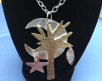 Moon Necklace, tree necklace, 925 silver, brass, copper pendant  textured leaves and star, etched brass tree, with 18 inch trace chain,