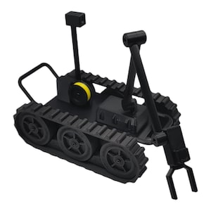 May include: A black toy robot with a yellow spool of string and a claw arm. The robot has a tracked chassis and a tall antenna.
