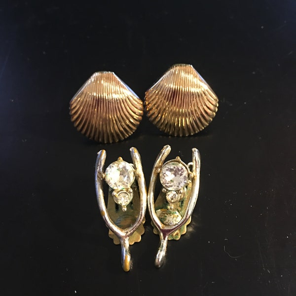 Costume Earrings - Clip on Wishbone Earrings - Rhinestone Clip On Earrings - Gold Toned Shell Clip Ons