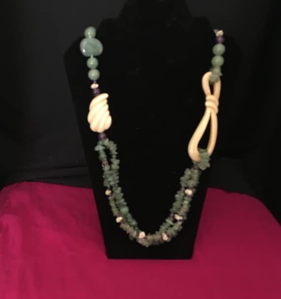 36" Stone, Bakelite, and Purple Glass Bead Neckla… - image 1