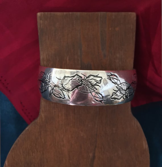 Silver Cuff Bracelet - Tooled Rose Motif Silver C… - image 1
