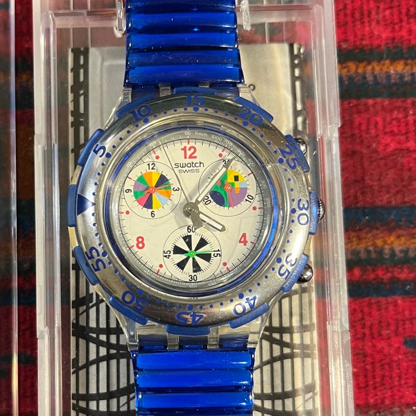 Swatch Bagnino SBK103 Wristwatch - Blue Stretch Band - NIB Swatch Watch - SwatchAquachronoSBK103 Bagnino Wide-Band   New / NOS
