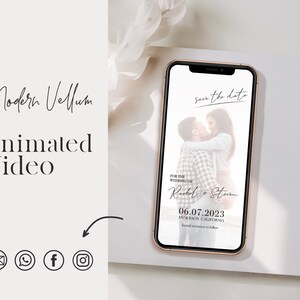 May include: A modern save the date video template with a couple embracing in a photo. The text reads "save the date" and "For the wedding of Rachel & Steven 06.07.2023 Anderson, California".