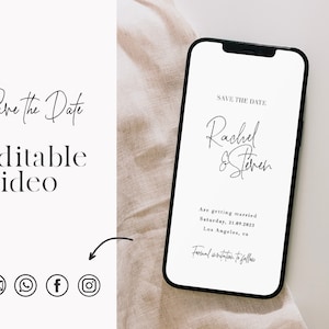 May include: A white smartphone mockup with a black frame displaying a save the date announcement for Rachel & Steven. The announcement includes the date, Saturday, September 21, 2023, and the location, Los Angeles, CA. The text "Save the Date" and "Formal invitation to follow" are also included.