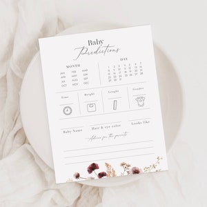 Modèle de carte de prédictions de bébé d’automne moderne, carte imprimable de conseils de bébé de fleurs d’automne, carte modifiable de prédiction de bébé de citrouille d’automne Boho