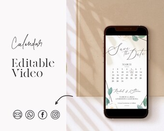 Plantilla de invitación de boda con temática verde salvia, plantilla editable para guardar la fecha, calendario para guardar la fecha, moderna invitación para guardar la fecha.