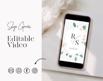 Sage Green Wedding Save the Date Video, Digital Wedding Invitation, Elegant save the date template with photo, editable wedding invitation