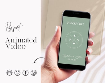 Animated Destination Wedding Invitation, Wedding Passport invitation, Whatsapp Wedding Invitation, Sage green travel Invitation Template