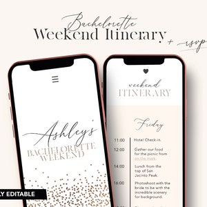 Digital modern bachelorette template itinerary, Bachelorette weekend digital planner, Rose Gold hens mobile itinerary, Girls weekend plan