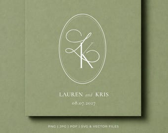 May include: A sage green invitation card with a white oval containing intertwined initials. The text "LAUREN and KRIS" and the date "08.07.2027" are printed below the oval. The bottom of the card includes file type information.