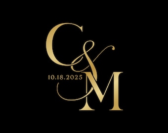 May include: Gold monogram with the letters "C" and "M" intertwined with an ampersand, set against a black background. The date "10.18.2025" is centered below the ampersand. The design is elegant and suitable for wedding invitations or announcements.