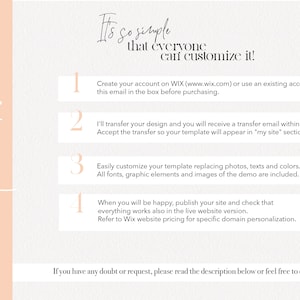 Pu&ograve; includere: Una grafica rosa e bianca con il testo "HOW it works?" e "It's so simple that everyone can customize it!" La grafica descrive quattro passaggi per personalizzare un modello di sito web. Passaggio 1: Crea un account su Wix. Passaggio 2: Trasferisci il design. Passaggio 3: Personalizza il modello. Passaggio 4: Pubblica il sito.