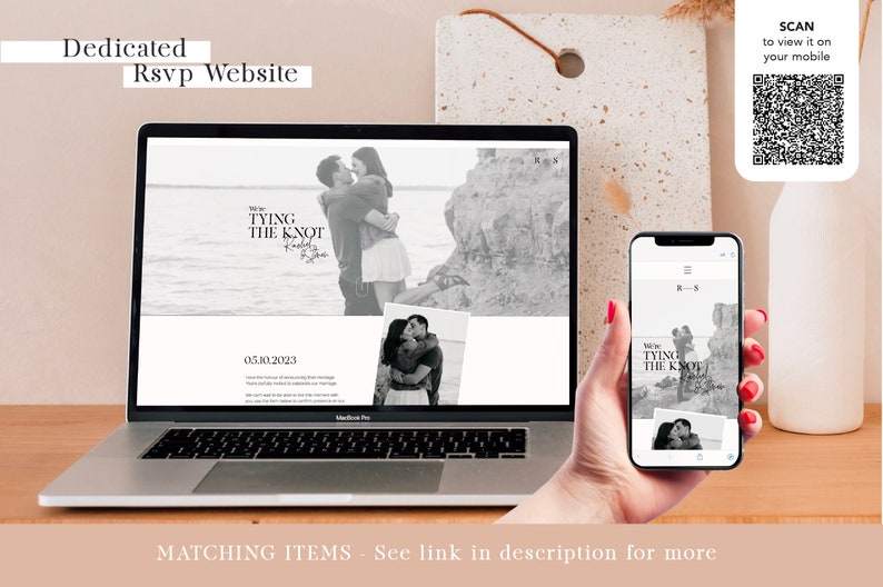 Puede incluir: Un ordenador port&aacute;til que muestra una p&aacute;gina web de boda con el texto "We're Tying the Knot" y una foto en blanco y negro de una pareja. La p&aacute;gina web tambi&eacute;n incluye la fecha "05.10.2023". Un tel&eacute;fono m&oacute;vil se est&aacute; sosteniendo en una mano, mostrando la misma p&aacute;gina web en una pantalla m&aacute;s peque&ntilde;a.