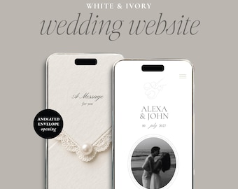 May include: Two smartphones displaying a white and ivory wedding website. The left screen shows an animated envelope with a pearl and lace detail. The right screen displays the names Alexa & John, the date 10 July 2027, and a circular photo.