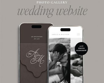 May include: Two smartphones displaying a wedding website interface. The left screen shows a dark brown invitation with the monogram AM and the text AN INVITATION for you. The right screen shows a black and white photo of a couple and the text AMELIA & MATTHEW.