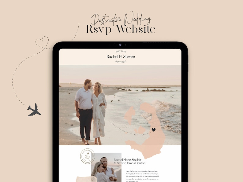 May include: A website announcement for a destination wedding. The website features a photo of a couple walking on a beach, a map with a heart marking the location, and the text "Rachel Marie Sinclair & Steven James Denton".