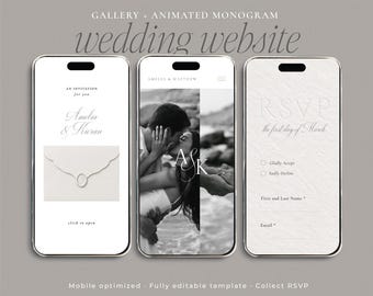 May include: Three smartphones displaying a wedding website template. The screens show an invitation with an envelope graphic, a black and white photo of a couple with the monogram A&K, and an RSVP form with fields for name and email address.