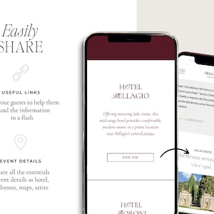 May include: Two smartphones displaying hotel website content. One shows "Hotel Bellagio" with text about lake views and booking. The other displays "Villa D'Este" with Italian text. The image also includes the words "Easily SHARE" and "USEFUL LINKS".
