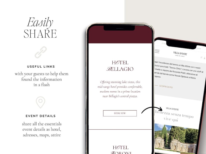 May include: Two smartphones displaying hotel website content. One shows "Hotel Bellagio" with text about lake views and booking. The other displays "Villa D'Este" with Italian text. The image also includes the words "Easily SHARE" and "USEFUL LINKS".