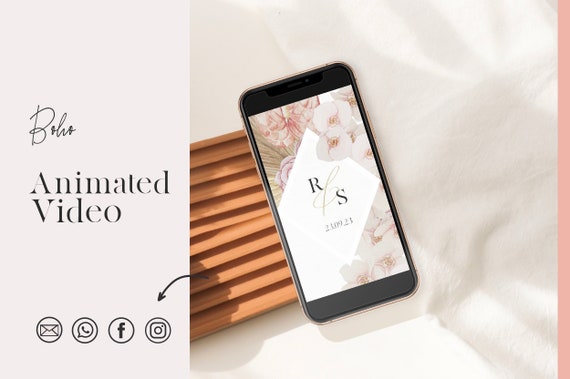 Boho Wedding Invitation video ecard, Electronic Wedding Invitation, Pampas Wedding Save the Date template, Mobile Wedding Invitation video