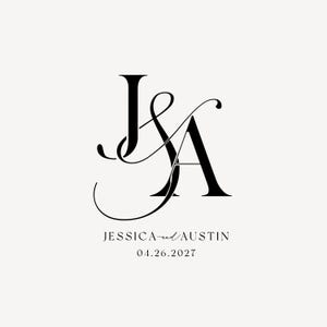 May include: Elegant black monogram design featuring the intertwined letters "J" and "A". Below, the names "Jessica and Austin" are written in a delicate script, along with the date "04.26.2027". The design is set against a soft, off-white background.