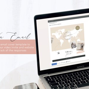 May include: A laptop screen displaying a wedding invitation email template with a world map background, a photo of a couple, and the text "Will you join us?" in a pink box.