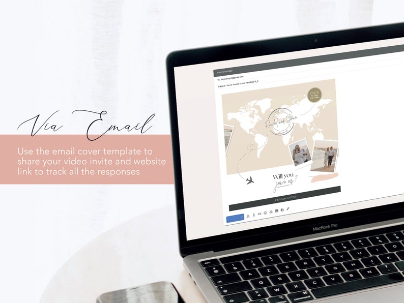 May include: A laptop screen displaying a wedding invitation email template with a world map background, a photo of a couple, and the text "Will you join us?" in a pink box.