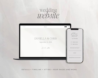 May include: A laptop computer screen displays a wedding website with the names "Daniella & Chris" and the date "September 16, 2024". A mobile phone screen shows a wedding RSVP form with the text "Please RSVP by 10.06.2024".