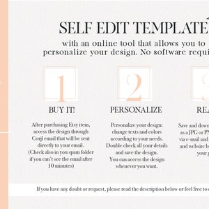 May include: A pink and white graphic with the text "SELF EDIT TEMPLATE" and instructions on how to use a self-editable template. The graphic includes three steps: 1. Buy it, 2. Personalize, 3. Ready!