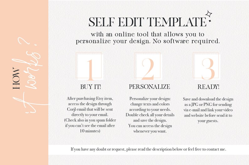 May include: A pink and white graphic with the text "SELF EDIT TEMPLATE" and instructions on how to use a self-editable template. The graphic includes three steps: 1. Buy it, 2. Personalize, 3. Ready!