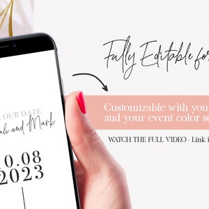 Puede incluir: La pantalla de un tel&eacute;fono m&oacute;vil muestra un anuncio de guardar la fecha para Hannah y Mark, con la fecha 10.08.2023. El texto "&iexcl;Totalmente editable para ti!" est&aacute; escrito encima de la pantalla del tel&eacute;fono. El texto "Personalizable con tus detalles y tu esquema de colores del evento" est&aacute; escrito debajo de la pantalla del tel&eacute;fono. El texto "VER EL VIDEO COMPLETO - Enlace en la descripci&oacute;n" est&aacute; escrito debajo del texto personalizable.