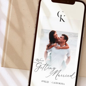 May include: A smartphone screen displaying a wedding announcement with a photo of a couple, the text "We're Getting Married", the date "09.12.22", and the location "CALIFORNIA".