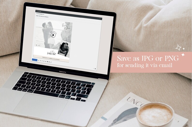 May include: A laptop computer displaying a wedding invitation with a video player icon. The invitation features a collage of black and white photos of a couple. The text on the invitation reads "Save the Date" and "Join Us?" The text "Save as JPG or PNG for sending it via email" is displayed on a pink background.