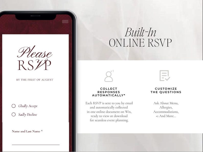 May include: A smartphone screen displays an online RSVP form with the text "Please RSVP" and options to accept or decline. The image also includes the words "Built-In ONLINE RSVP" and details about collecting responses and customizing questions.