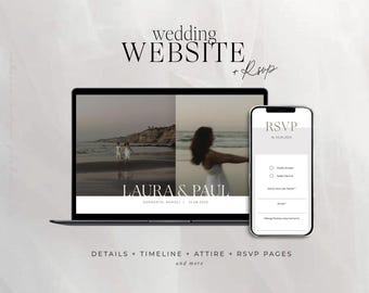 May include: A laptop and smartphone displaying a wedding website design. The laptop screen shows a beach scene with the names "LAURA & PAUL" and the date. The phone shows an RSVP form. Text at the top reads "wedding WEBSITE + RSVP".
