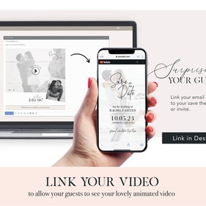 May include: A screenshot of a phone displaying a save the date card with a watercolor background and the text "Save the Date" in a script font. The card is for the wedding of Rachel & Steven on 10.05.23. The phone is being held by a hand with red nail polish.