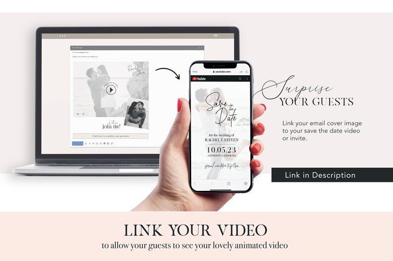 May include: A screenshot of a phone displaying a save the date card with a watercolor background and the text "Save the Date" in a script font. The card is for the wedding of Rachel & Steven on 10.05.23. The phone is being held by a hand with red nail polish.