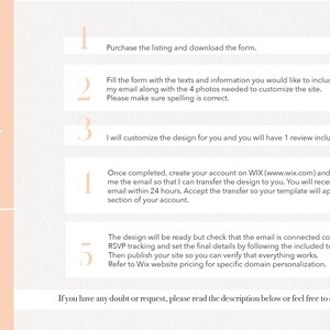 May include: A step-by-step guide on how to purchase and customize a website template. The guide includes five steps, with each step numbered and described in detail. The guide also includes the text "It works?" in a large, handwritten font.