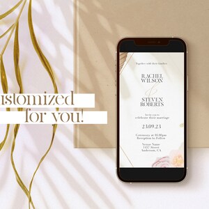 May include: A mobile phone screen displaying a wedding invitation with a floral design. The invitation reads "Rachel Wilson & Steven Roberts" and includes the date "23.09.23".