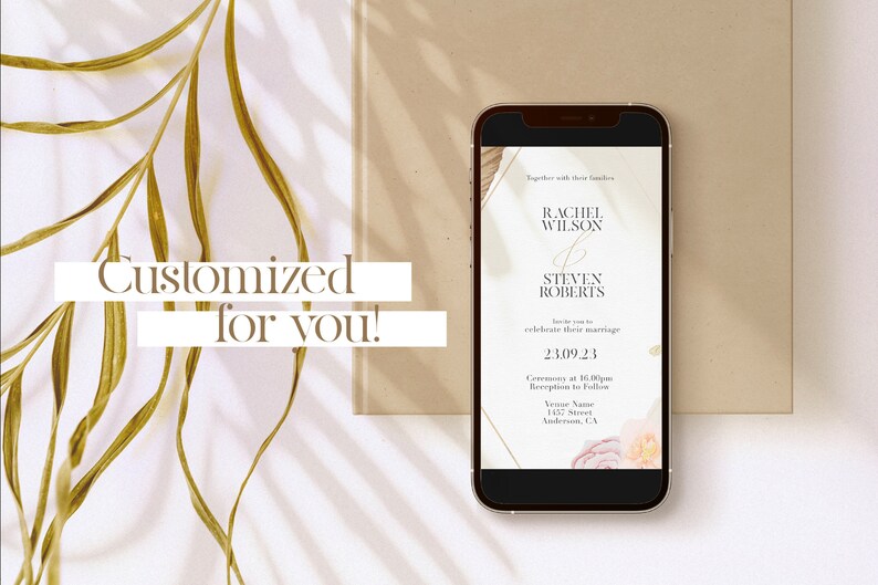 May include: A mobile phone screen displaying a wedding invitation with a floral design. The invitation reads "Rachel Wilson & Steven Roberts" and includes the date "23.09.23".