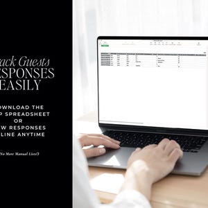 May include: A laptop displaying a spreadsheet with data, next to a white mouse. The screen shows a table with rows and columns. Text on the left side reads "Track Guests Responses Easily". The text also says "Download the RSVP Spreadsheet or View Responses Online Anytime".