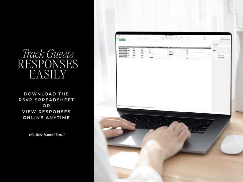 May include: A laptop displaying a spreadsheet with data, next to a white mouse. The screen shows a table with rows and columns. Text on the left side reads "Track Guests Responses Easily". The text also says "Download the RSVP Spreadsheet or View Responses Online Anytime".