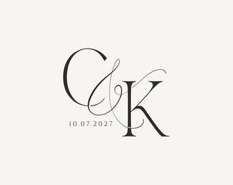 May include: Elegant monogram design featuring the intertwined letters "C" and "K" in a flowing script. Below the letters is the date "10.07.2027" in a simple, clean font. The design is in black against a cream background.