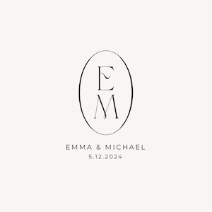 Könnte beinhalten: Ein schwarz-weißes Hochzeitsmonogramm mit den Initialen "E" und "M" in einem Oval. Der Text "Emma & Michael 5.12.2024" befindet sich unter dem Monogramm.