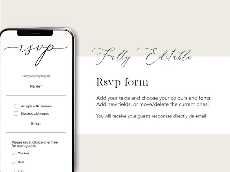 Pu&ograve; includere: Lo schermo di un telefono cellulare che mostra un modulo RSVP in bianco e nero con il testo "RSVP" in alto. Il modulo include campi per il nome, l'e-mail e una scelta di antipasto. Il testo "Completamente modificabile" appare nella parte superiore dello schermo.