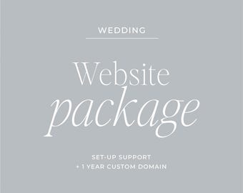 May include: A light gray background with the word "WEDDING" in white text at the top. Below, the words "Website package" are displayed in a stylish, cursive font. Additional text includes "SET-UP SUPPORT" and "+ 1 YEAR CUSTOM DOMAIN."