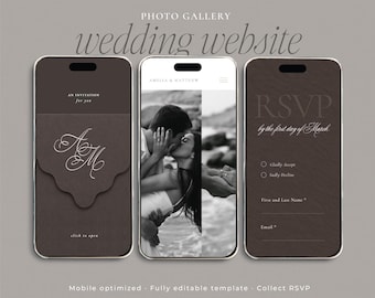 May include: Three smartphone screens displaying a wedding website template. The left screen shows an invitation with an A and M monogram. The center screen features a black and white photo of a couple. The right screen shows an RSVP form.