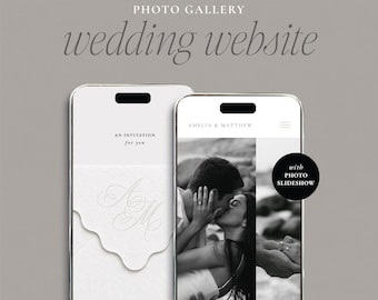 May include: Two smartphones displaying a wedding website interface. The left screen shows an invitation with the monogram AM and text click to open. The right screen features a black and white photo of a couple kissing with the text Amelia & Matthew.